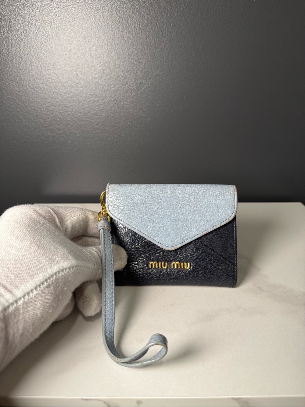 Miu Miu Light Blue and Black Leather Wristlet Wallet - Picture 1 of 5